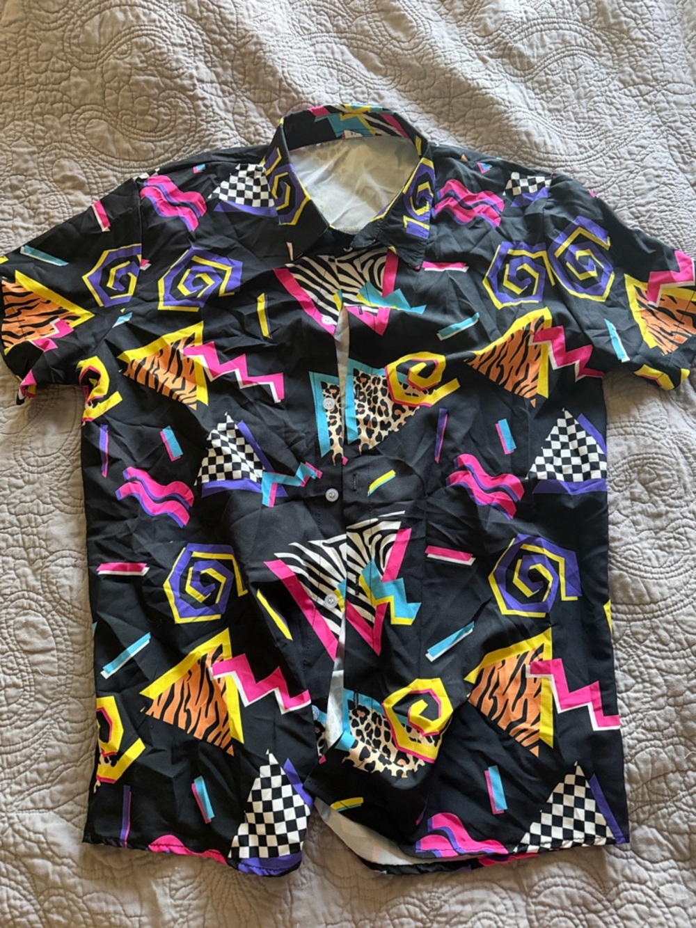 Men's Black Short-Sleeve Geo Print Shirt with Neon Accents